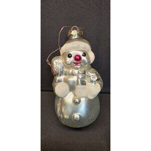 Vintage Glass Snowman Christmas Ornament Metallic Silver 6" Made in Taiwan